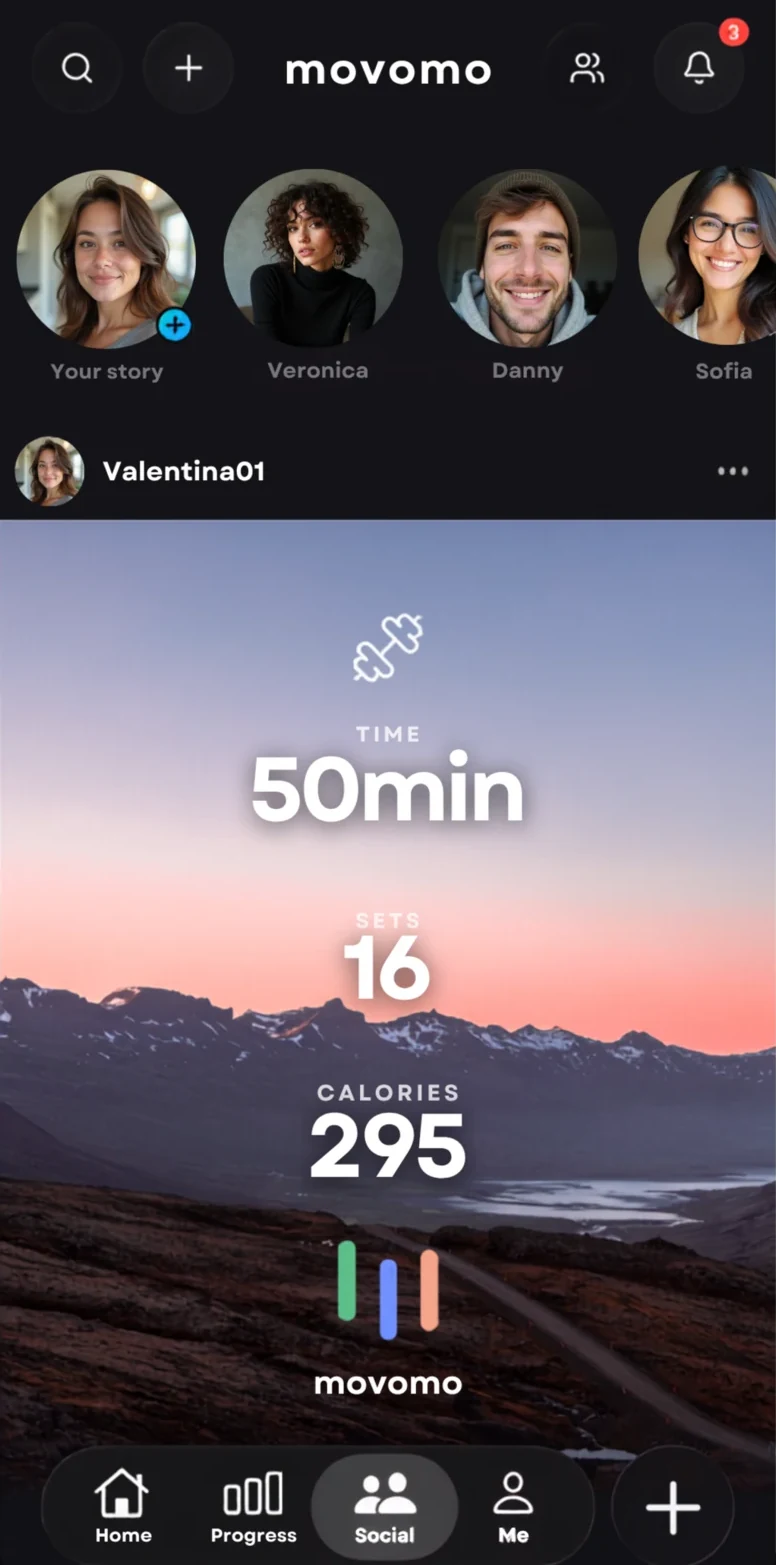 The social feed, showing stories from colleagues and a shared workout summary.