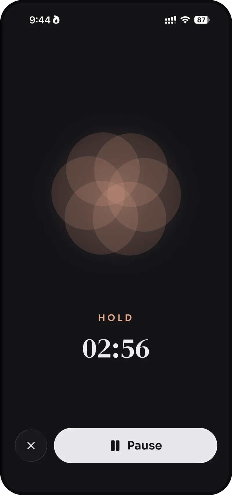 A guided breathing session mid-hold, counting down from just under three minutes.