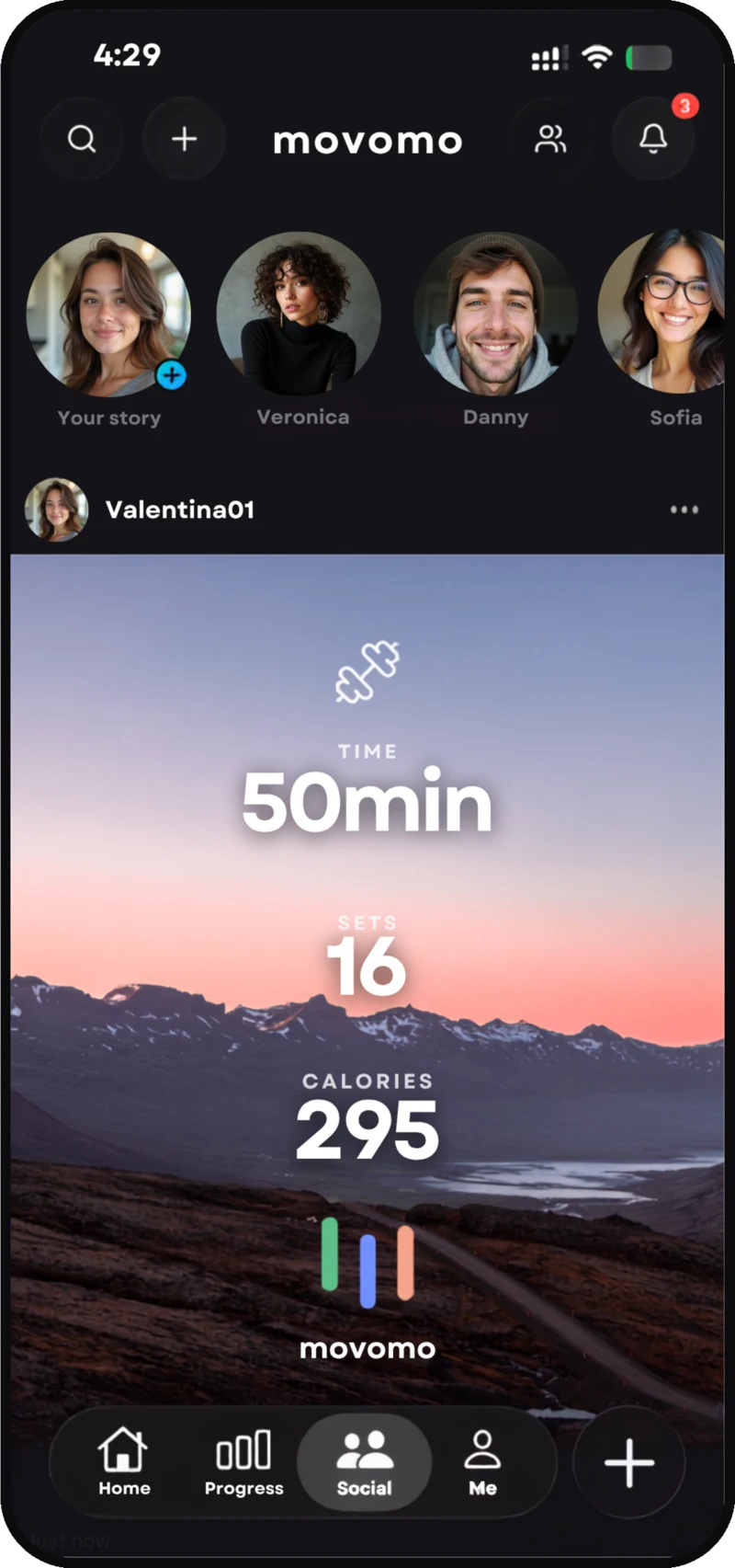 The movomo feed: friends' stories along the top, and a shared workout over a mountain sunset. 50 minutes, 16 sets, 295 calories.