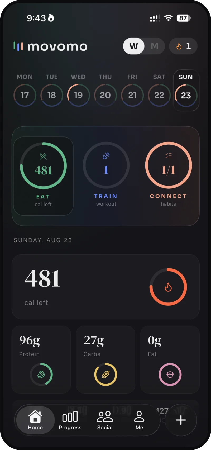 The movomo home screen showing 481 calories left, with protein, carbohydrate and fat totals.