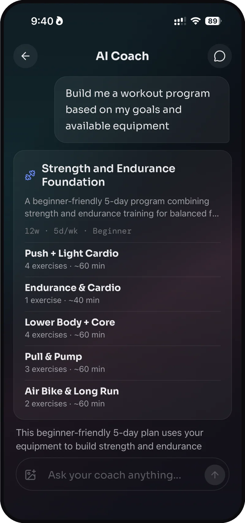 The AI coach proposing a twelve-week strength and endurance program from your goals and equipment.
