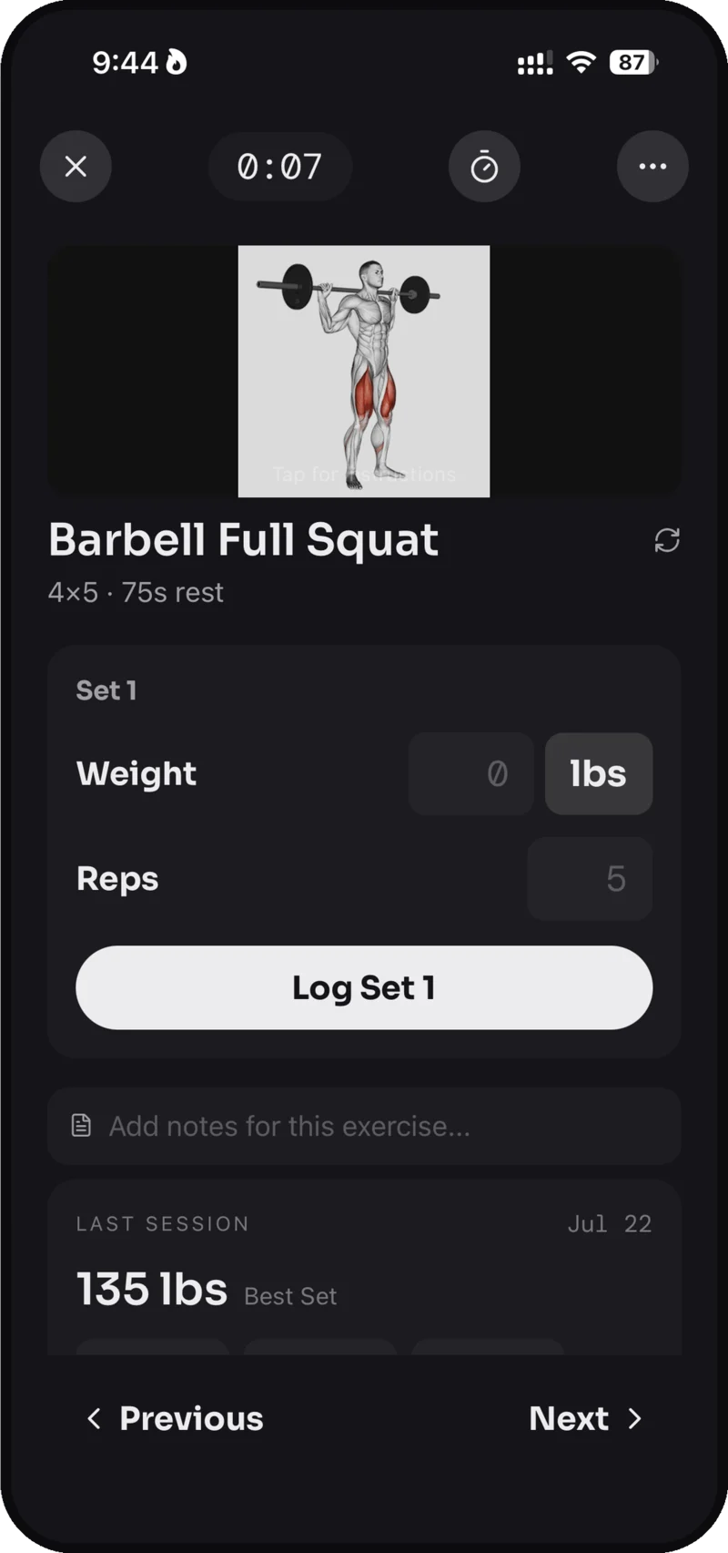 A guided barbell full squat: four sets of five, 75 seconds rest, last session's best of 135 pounds.